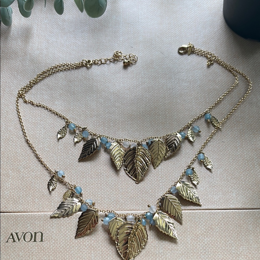 Vintage Avon Double Row Antique Gold Leaf w/ Blue Clear Beads Bib Necklace NIB